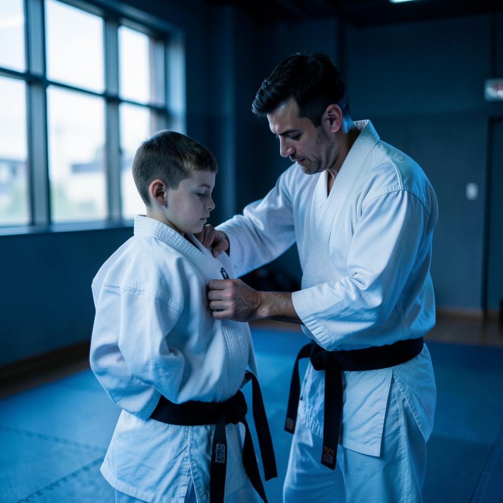 Instrutor de artes marciais ajustando a faixa de um aluno no tatame