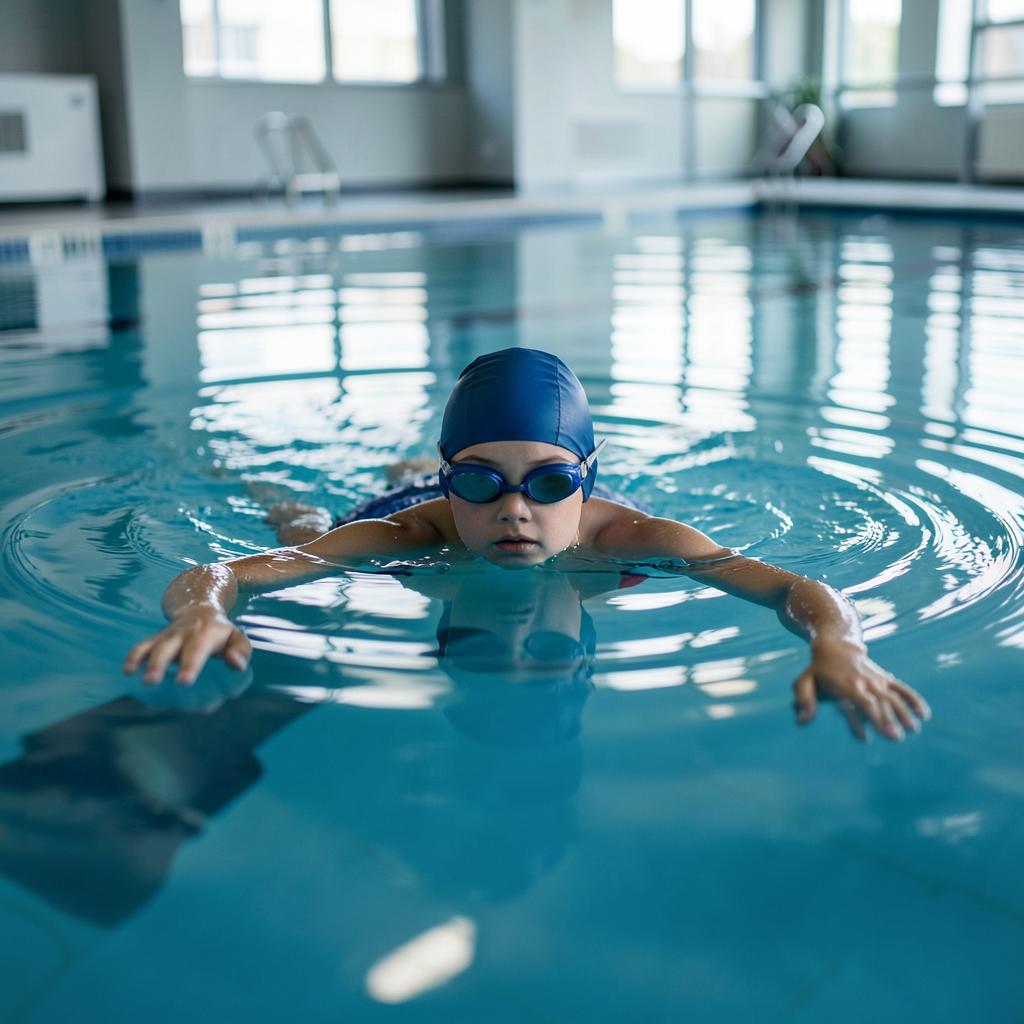 Professora de natação acompanhando uma criança na borda da piscina