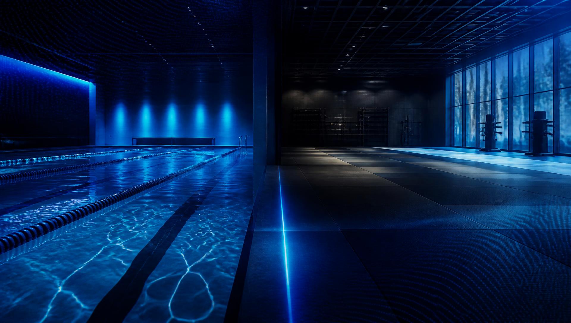 Piscina e tatame lado a lado em um ambiente esportivo com iluminação azul